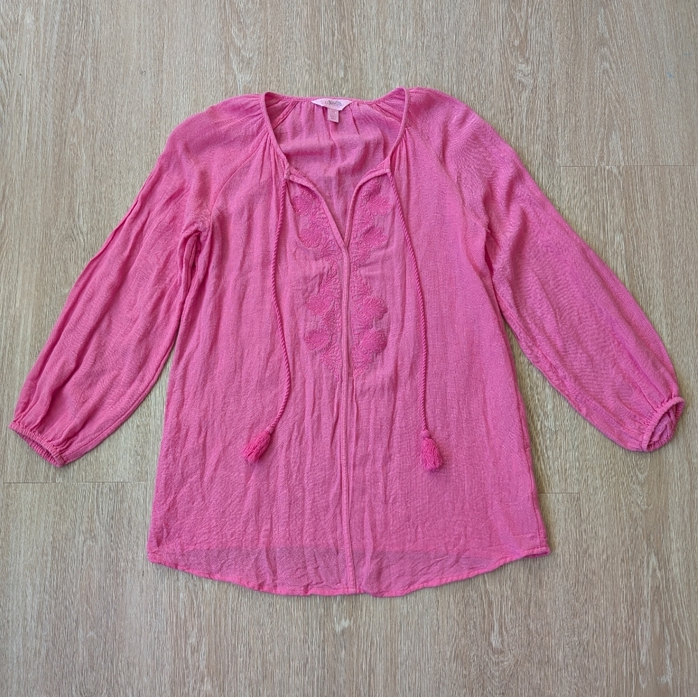 Lilly Pulitzer Blouse Women's XS Embroidered Tassel Tie
